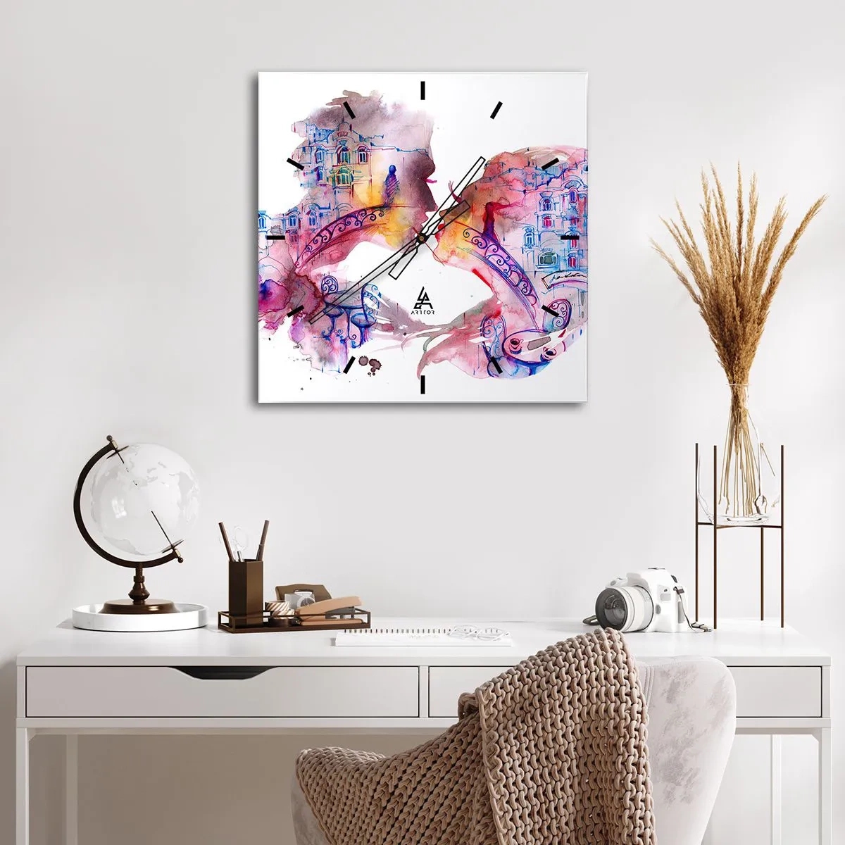 Horloge murale - Pendule murale - Une aquarelle romantique représentant les silhouettes des amoureux - 30x30cm - Le pont secret des soupirs - Décoration murale moderne pour le salon et la chambre ARTTOR