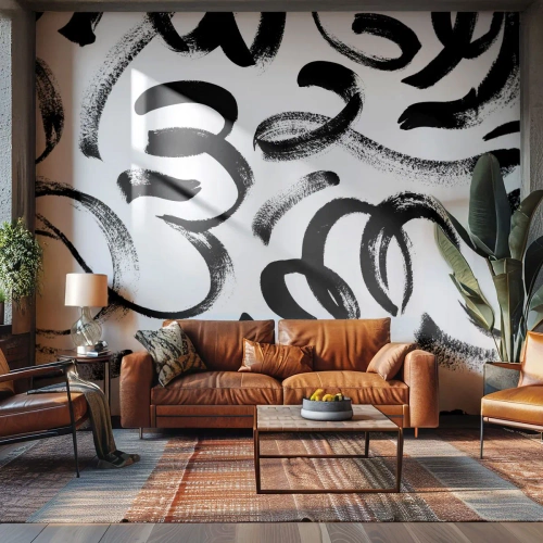 Papier Peint Photo Premium Sand - Coups de pinceau abstraits noirs sur fond blanc - 100x70cm - Noir sur blanc - Décoration murale moderne pour le salon et la chambre ARTTOR