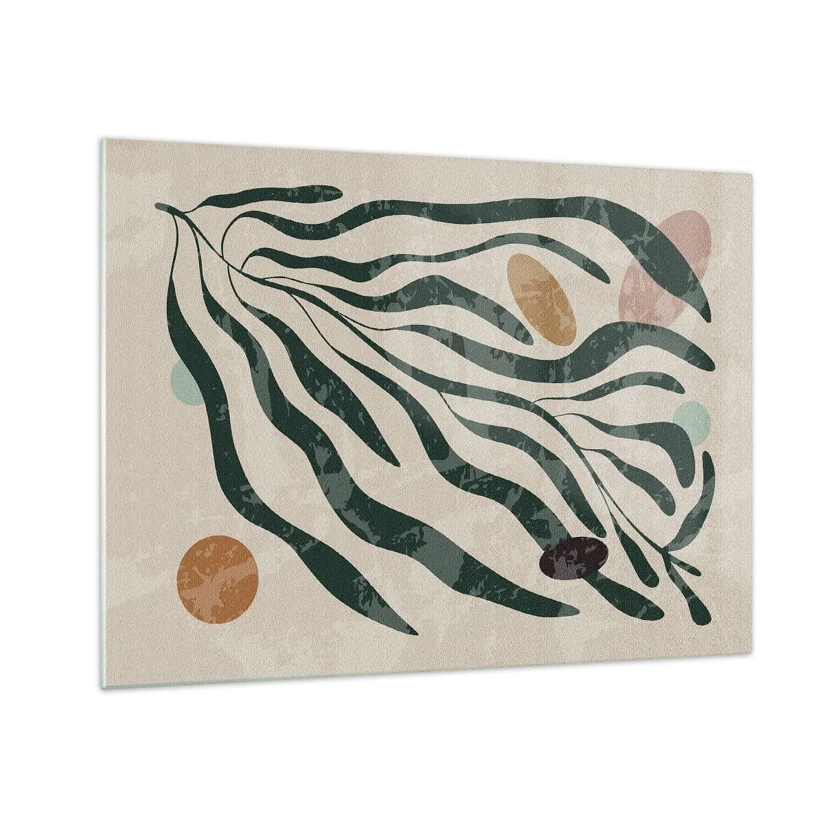 Impression sur verre - Image sur verre - Formes organiques en vert sur fond beige - 70x50cm - Parmi la verdure - Décoration murale moderne pour le salon et la chambre ARTTOR