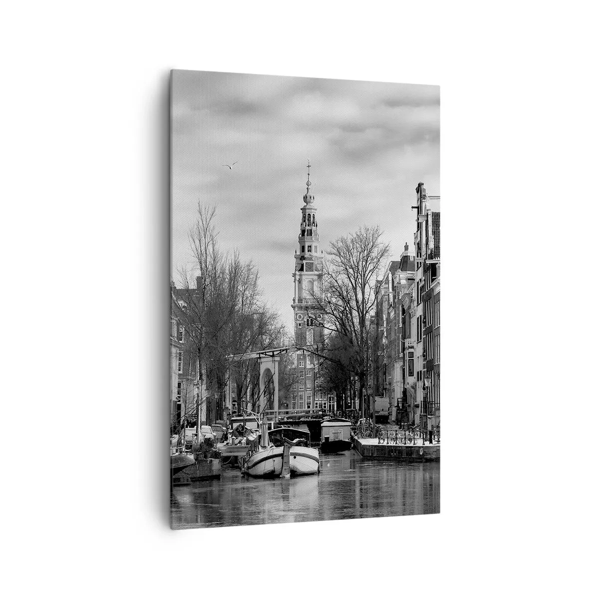 Impression sur toile - Image sur toile - Panorama noir et blanc d'Amsterdam avec canal et bâtiments historiques - 80x120cm - Climat d'Amsterdam - Décoration murale moderne pour le salon et la chambre ARTTOR