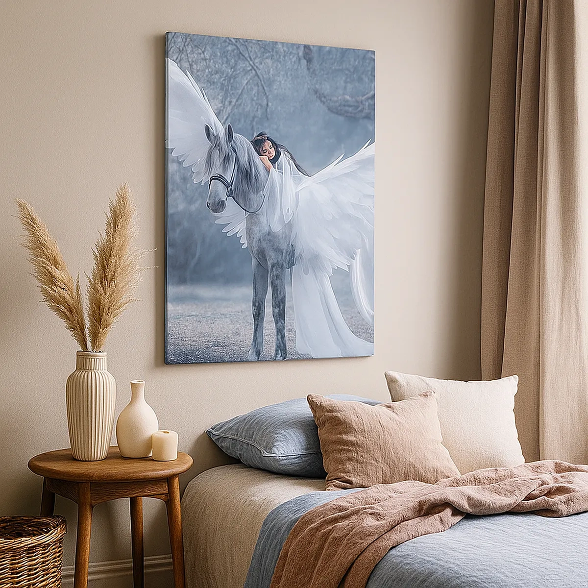 Impression sur toile - Image sur toile - Une femme sur un cheval blanc avec des ailes dans une forêt magique - 50x70cm - Un moment inspiré - Décoration murale moderne pour le salon et la chambre ARTTOR