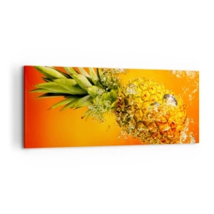 Impression sur toile - Image sur toile - Un ananas immergé dans l'eau sur un fond dégradé orange. - 120x50cm - Fraîcheur juteuse tropicale - Décoration murale moderne pour le salon et la chambre ARTTOR