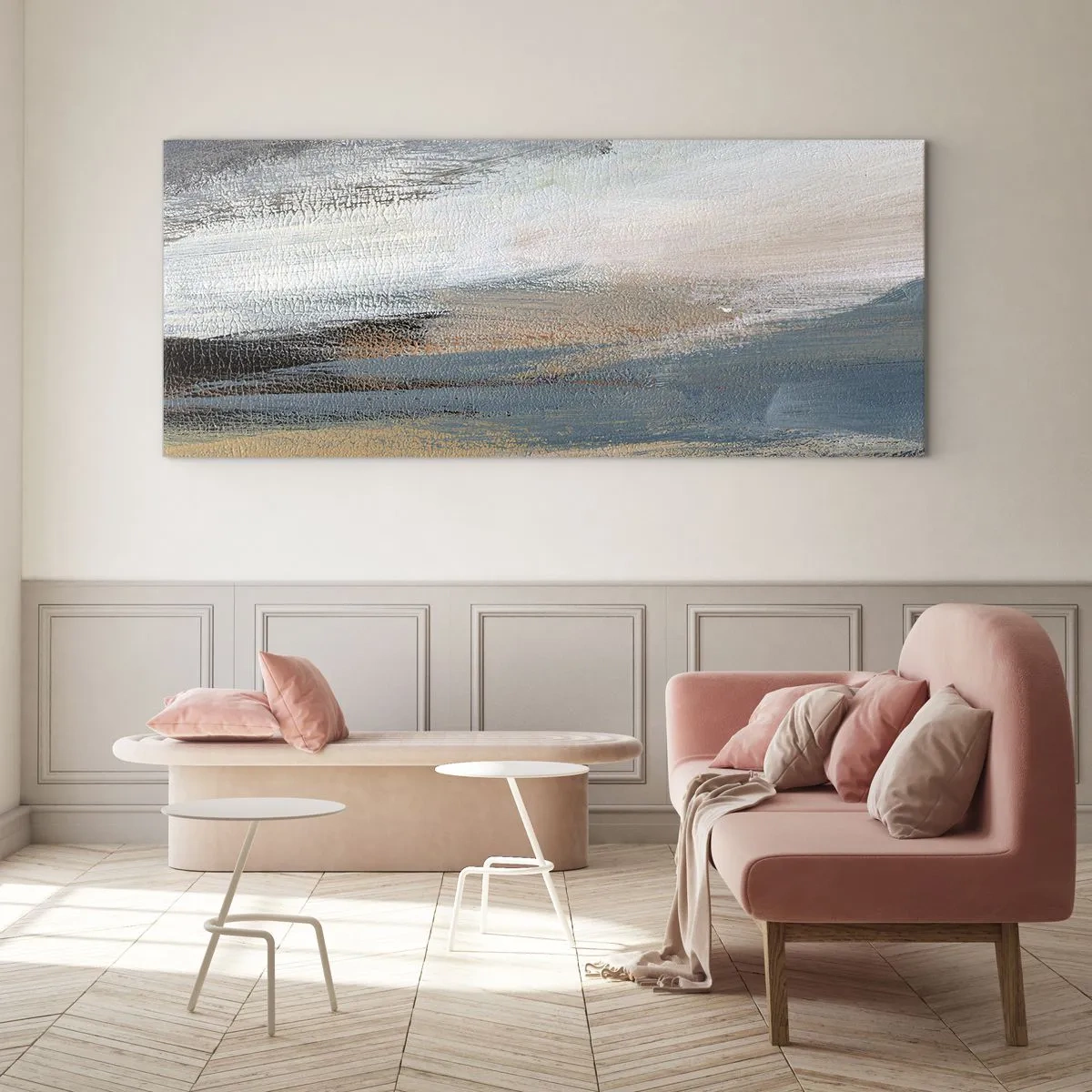 Impression sur verre - Image sur verre - Paysage abstrait dans des tons sobres de bleu et de beige - 140x50cm - Abstraction : paysage nordique - Décoration murale moderne pour le salon et la chambre ARTTOR