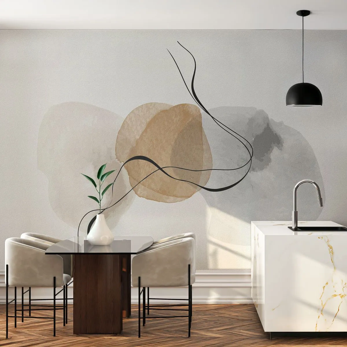 Papier Peint Photo Premium Sand - Abstraction minimaliste aux couleurs neutres avec des lignes - 100x70cm - Perles d'air - Décoration murale moderne pour le salon et la chambre ARTTOR