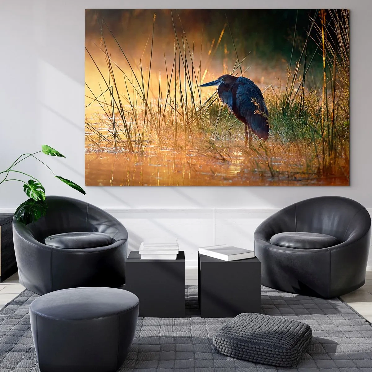 Impression sur verre - Image sur verre - Coucher de soleil sur un lac avec un héron - 70x50cm - Allez, laissez-moi en paix avec ces photos - Décoration murale moderne pour le salon et la chambre ARTTOR