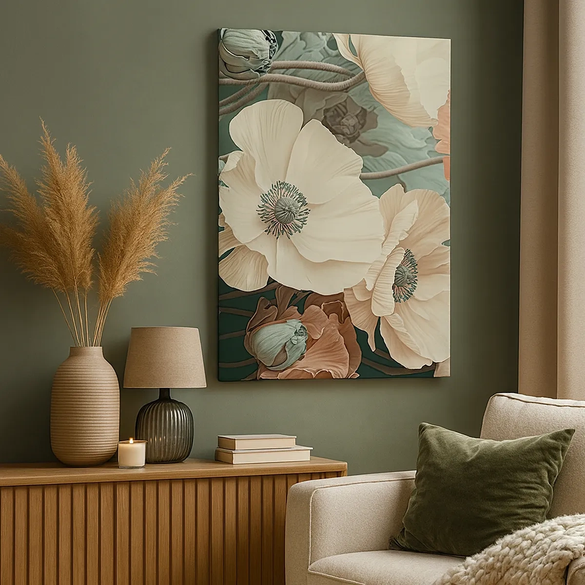 Impression sur toile - Image sur toile - Fleurs élégantes aux tons pastel sur fond vert - 50x70cm - Le murmure des coquelicots - Décoration murale moderne pour le salon et la chambre ARTTOR