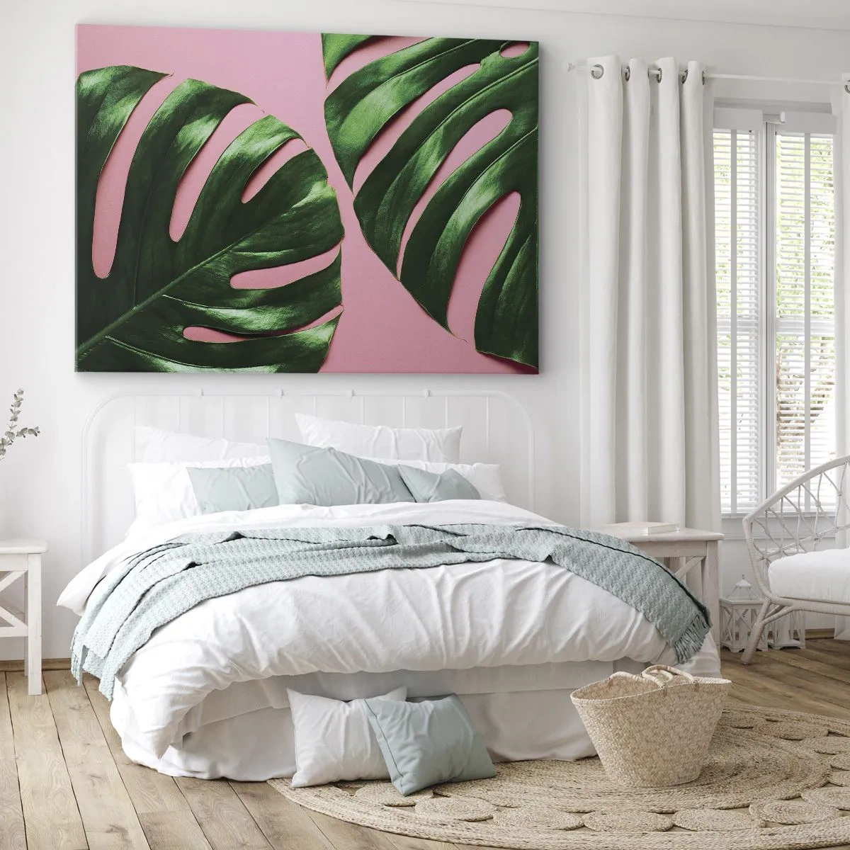 Impression sur toile - Image sur toile - Feuilles de monstera vertes sur fond rose - 120x80cm - Rendez-vous vert - Décoration murale moderne pour le salon et la chambre ARTTOR