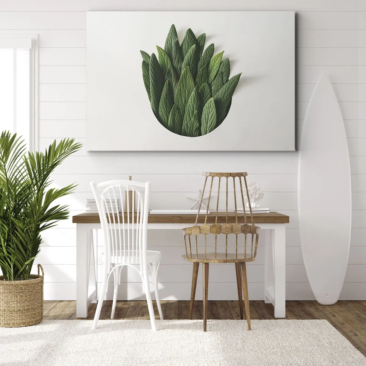 Impression sur toile - Image sur toile - Une composition de feuilles vertes sur un fond clair - 100x70cm - Curiosité sans retenue - Décoration murale moderne pour le salon et la chambre ARTTOR
