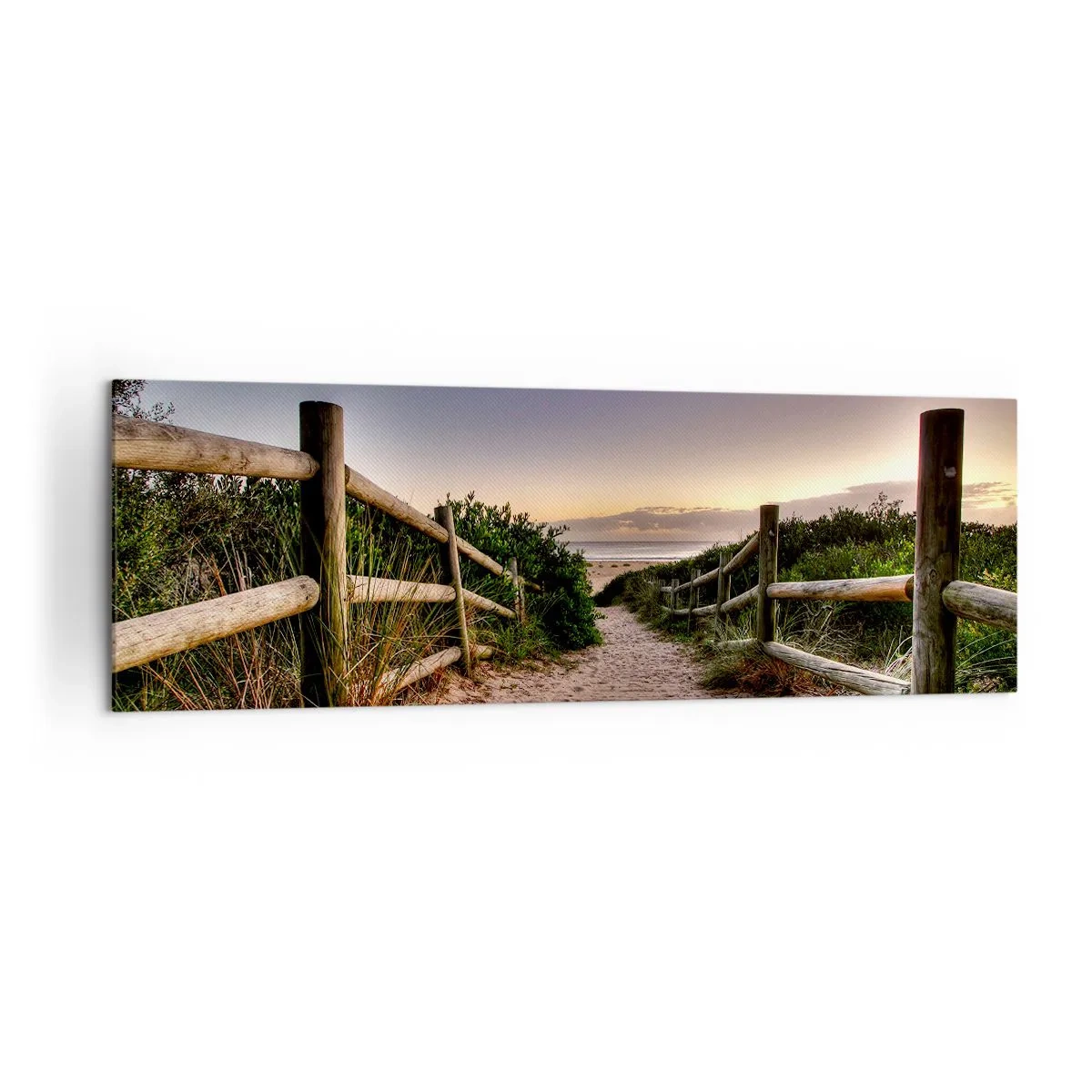 Impression sur toile - Image sur toile - Chemin en bois dans les dunes menant à la plage au coucher du soleil - 160x50cm - On voit déjà le but - Décoration murale moderne pour le salon et la chambre ARTTOR