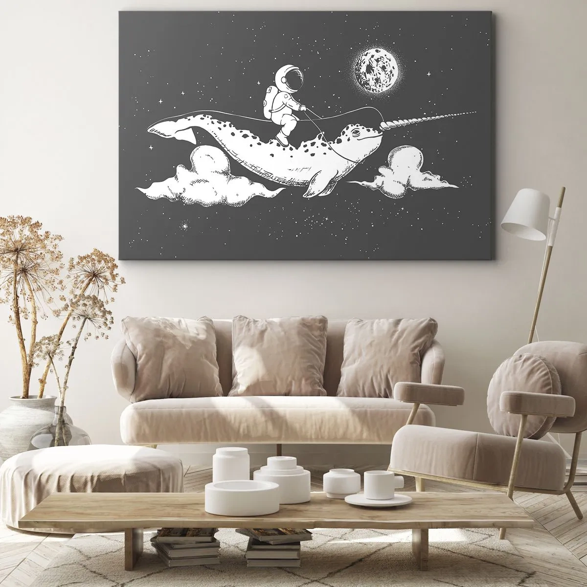 Impression sur toile - Image sur toile - Un astronaute sur le dos d'un narval flottant dans une scène spatiale. - 120x80cm - Cavalier de l'espace - Décoration murale moderne pour le salon et la chambre ARTTOR