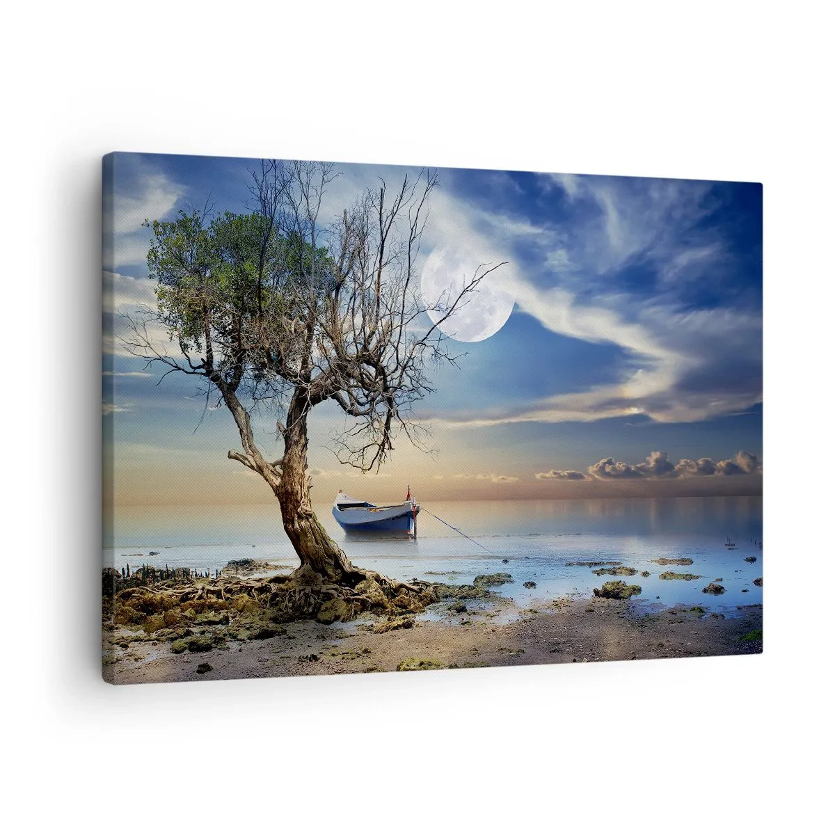 Impression sur toile - Image sur toile - Un arbre solitaire et un bateau sur une eau calme sous la pleine lune. - 70x50cm - Est-ce la fin ou le début ? - Décoration murale moderne pour le salon et la chambre ARTTOR