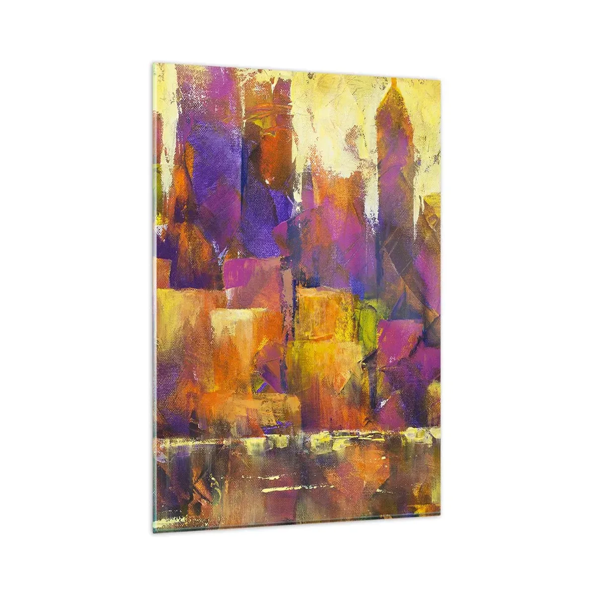 Impression sur verre - Image sur verre - Composition abstraite d'une métropole dans les tons jaune et violet - 80x120cm - Composition métropolitaine - Décoration murale moderne pour le salon et la chambre ARTTOR