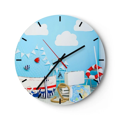 Horloge murale - Pendule murale - Thème nautique sur fond bleu - 30x30cm - Nostalgie infantile de l'aventure - Décoration murale moderne pour le salon, la cuisine et la chambre ARTTOR