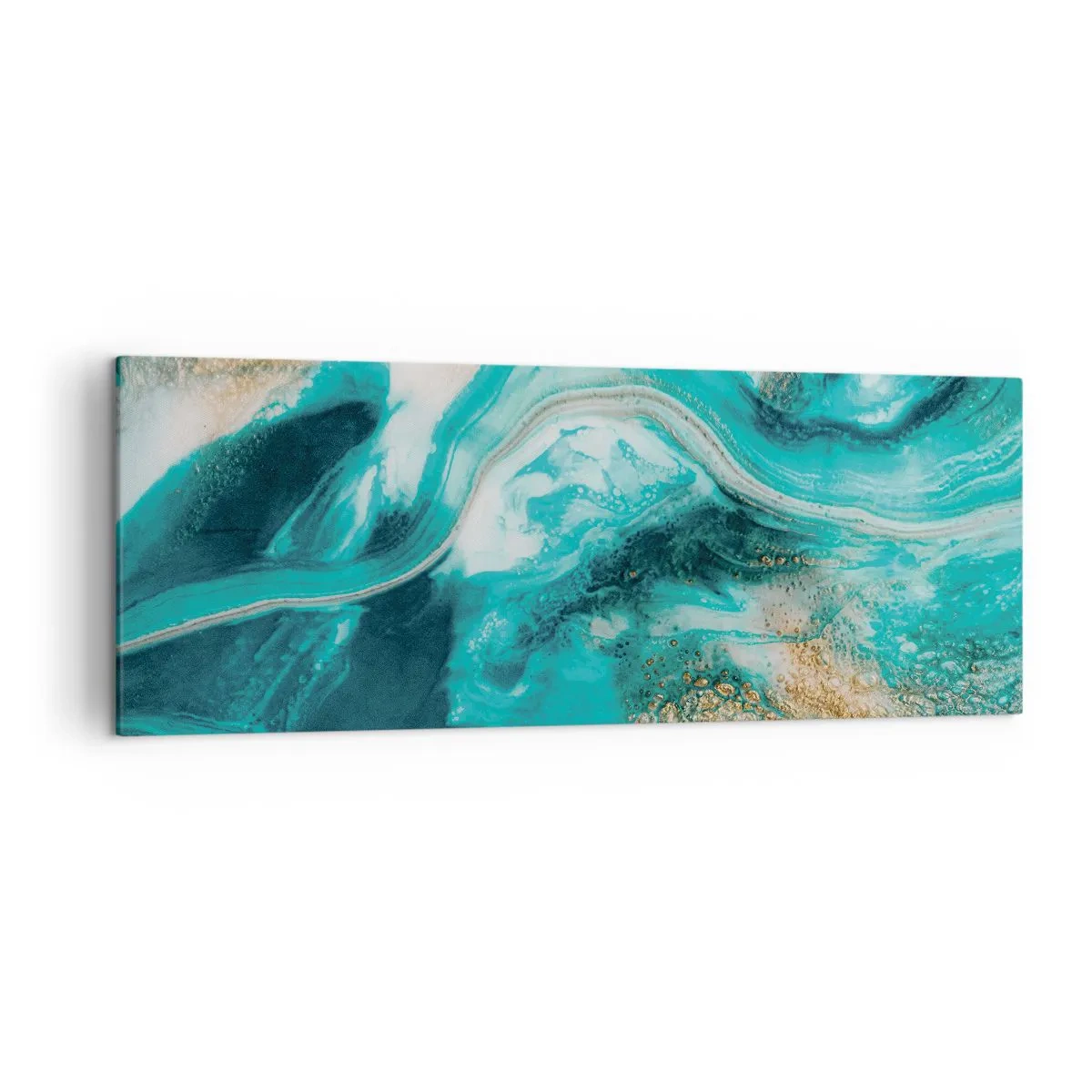 Impression sur toile - Image sur toile - Abstraction turquoise avec des accents blancs et dorés - 140x50cm - Rivière d'or - Décoration murale moderne pour le salon et la chambre ARTTOR