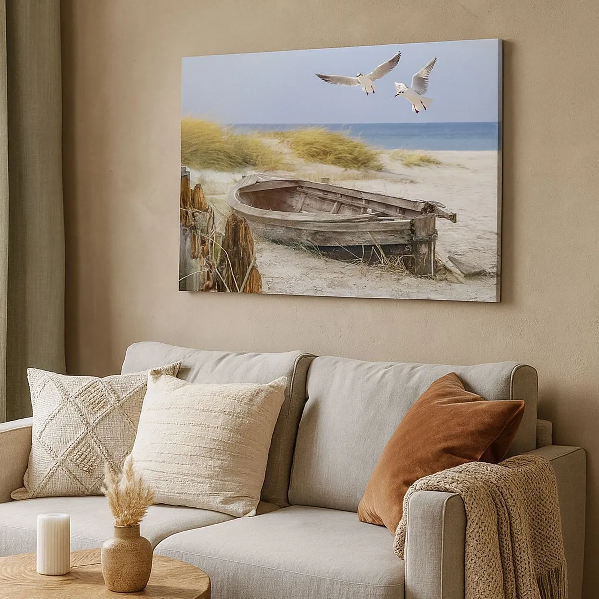 Impression sur toile - Image sur toile - Bateau abandonné sur une plage avec des mouettes - 70x50cm - Bain de vent - Décoration murale moderne pour le salon et la chambre ARTTOR