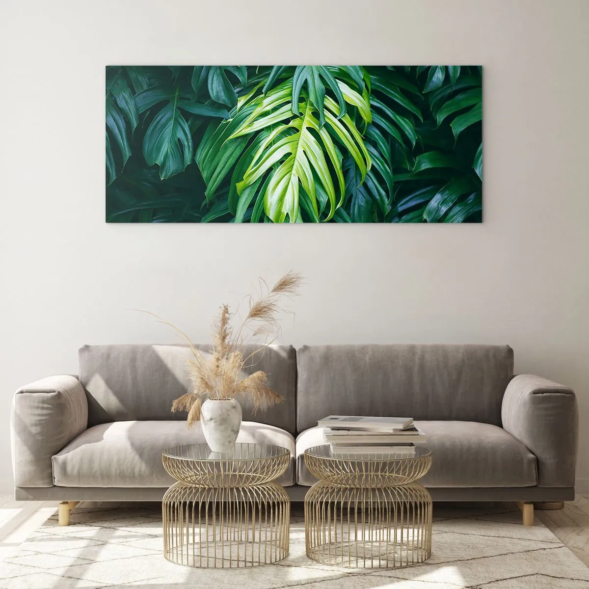 Impression sur verre - Image sur verre - Feuilles vertes dans un arrangement tropical dense - 140x50cm - Immergez-vous dans la fraîcheur - Décoration murale moderne pour le salon et la chambre ARTTOR