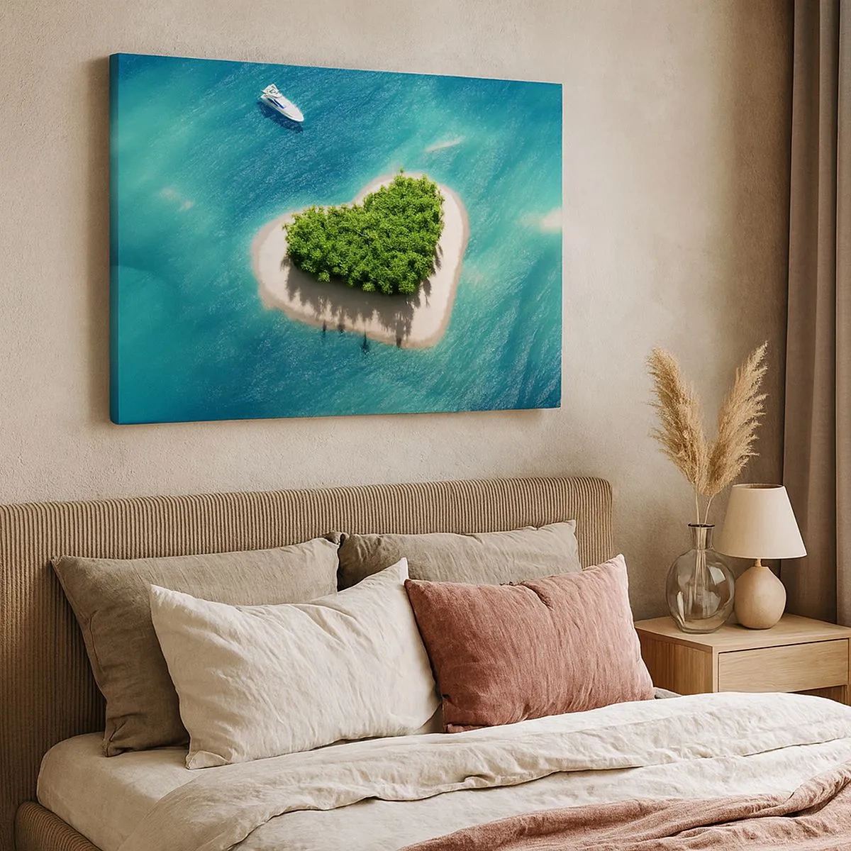 Impression sur toile - Image sur toile - Une île romantique en forme de cœur dans une mer turquoise - 70x50cm - J'aime l'été - Décoration murale moderne pour le salon et la chambre ARTTOR