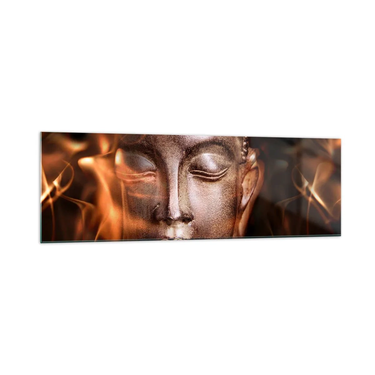 Impression sur verre - Image sur verre - Une statue de Bouddha au milieu de flammes aux teintes dorées - 160x50cm - Il n'existe qu'ici et maintenant - Décoration murale moderne pour le salon et la chambre ARTTOR