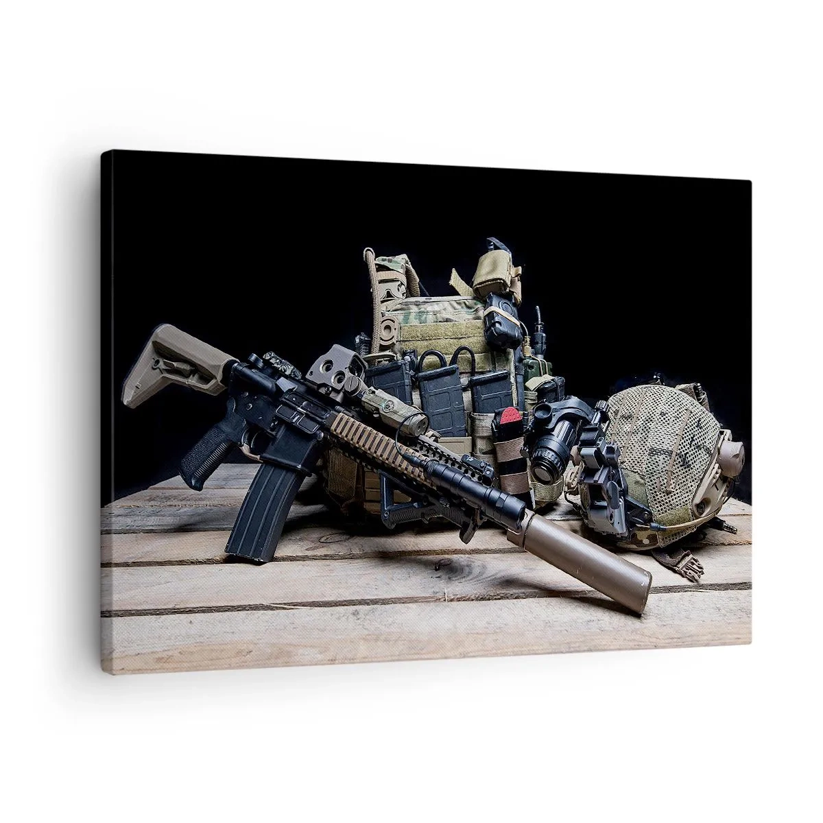 Impression sur toile - Image sur toile - Équipement tactique avec un fusil sur une table en bois - 70x50cm - Se reposer! - Décoration murale moderne pour le salon et la chambre ARTTOR
