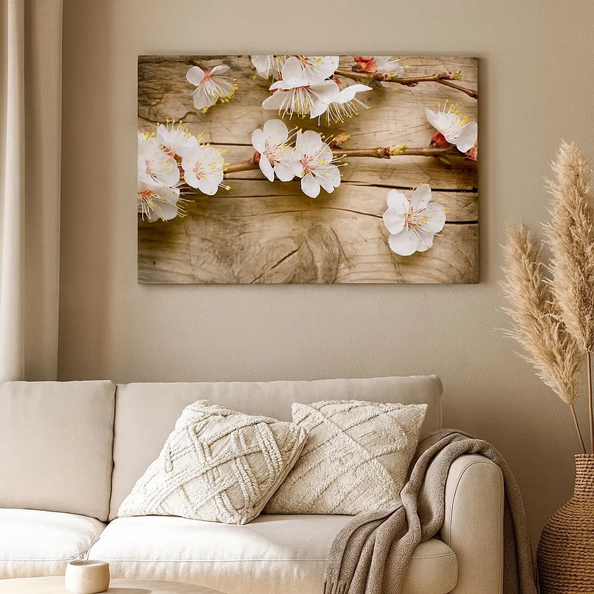 Impression sur toile - Image sur toile - Branches de cerisiers en fleurs sur fond de planche de bois - 70x50cm - Et c'est devenu le printemps - Décoration murale moderne pour le salon et la chambre ARTTOR