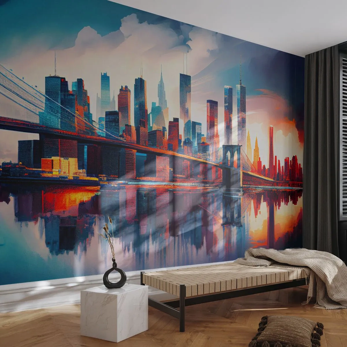 Papier Peint Photo Premium Canvas - Panorama de la ville de New York avec pont et reflet dans l'eau - 100x70cm - New York onirique - Décoration murale moderne pour le salon et la chambre ARTTOR