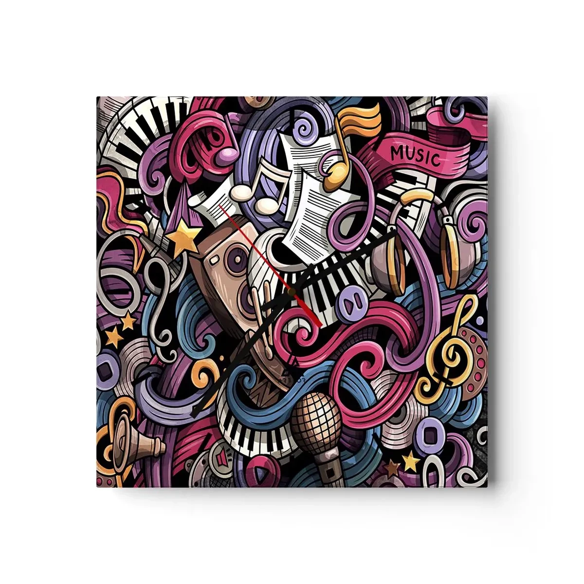 Horloge murale - Pendule murale - Une abstraction musicale pleine d'instruments et de notes colorées. - 30x30cm - Mélodie compliquée - Décoration murale moderne pour le salon et la chambre ARTTOR