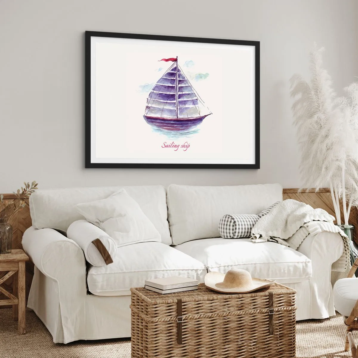 Affiche dans un cadre noir - Poster - Une aquarelle représentant un voilier sur l'eau avec une inscription délicate - 70x50cm - Plein de voiles et d’eau calme - Décoration murale moderne pour le salon et la chambre ARTTOR
