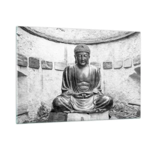 Impression sur verre - Image sur verre - Statue de Bouddha en noir et blanc dans une pose méditative - 120x80cm - A la source de la paix - Décoration murale moderne pour le salon et la chambre ARTTOR