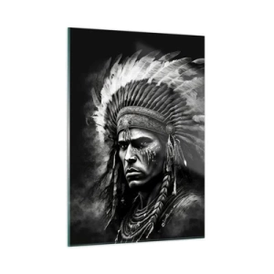 Impression sur verre - Image sur verre - Portrait en noir et blanc d'un guerrier avec une coiffe à plumes - 50x70cm - Un leader et un guerrier - Décoration murale moderne pour le salon et la chambre ARTTOR