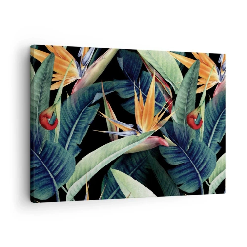 Impression sur toile - Image sur toile - Fleurs et feuilles tropicales sur fond noir - 70x50cm - Fleurs flamboyantes des tropiques - Décoration murale moderne pour le salon et la chambre ARTTOR