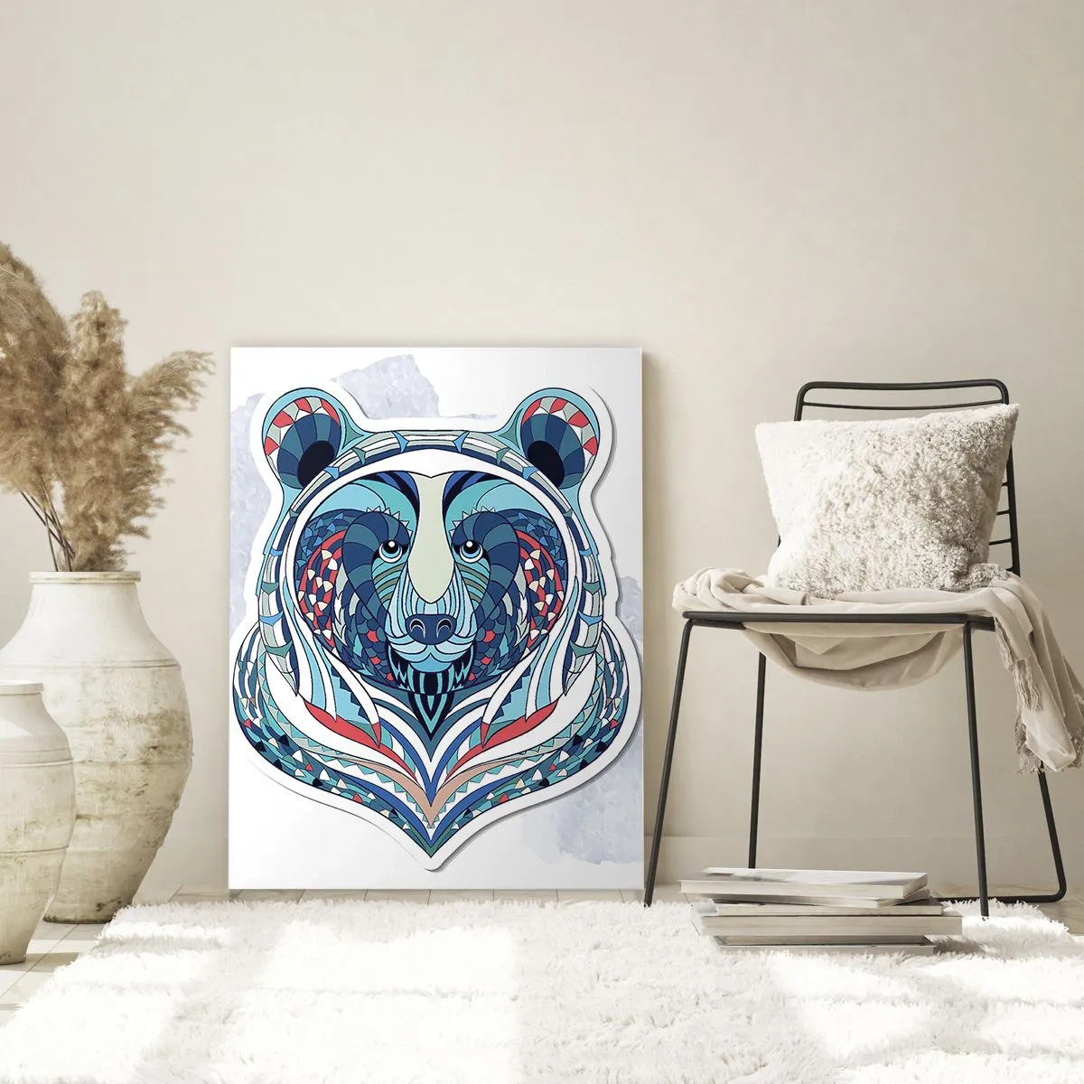 Impression sur verre - Image sur verre - Ours géométrique dans les tons bleu et rouge - 70x100cm - Vive le Groenland ! - Décoration murale moderne pour le salon et la chambre ARTTOR