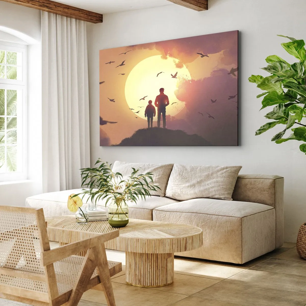 Impression sur toile - Image sur toile - Personnages sur fond de soleil couchant - 70x50cm - Face à face avec le soleil - Décoration murale moderne pour le salon et la chambre ARTTOR