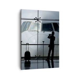 Impression sur toile - Image sur toile - Aéroport avec des silhouettes de personnes et une vue de l'avion - 50x70cm - Vis-à-vis de l'aéroport - Décoration murale moderne pour le salon et la chambre ARTTOR