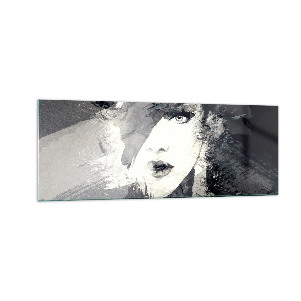 Impression sur verre - Image sur verre - Un portrait abstrait d'une femme dans des tons de gris avec des accents délicats. - 140x50cm - Derrière un voile gris - Décoration murale moderne pour le salon et la chambre ARTTOR