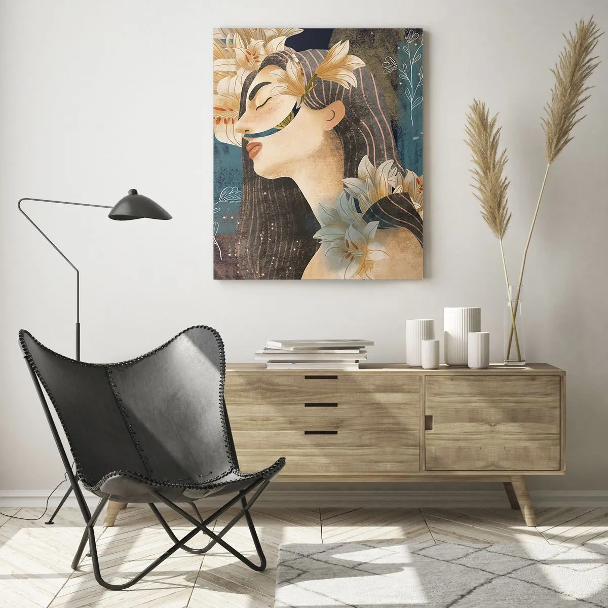 Impression sur verre - Image sur verre - Une figure féminine avec des lys dans un style de conte de fées - 50x70cm - Conte de fée sur la princesse lilas - Décoration murale moderne pour le salon et la chambre ARTTOR