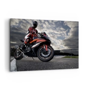 Impression sur toile - Image sur toile - Un motocycliste sur une moto de sport contre un ciel nuageux - 100x70cm - Cavalier noir - Décoration murale moderne pour le salon et la chambre ARTTOR