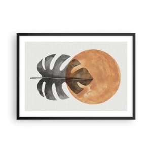 Affiche dans un cadre noir - Poster - Feuille de Monstera et cercle doré sur fond clair - 70x50cm - Toujours le soleil - Décoration murale moderne pour le salon et la chambre ARTTOR