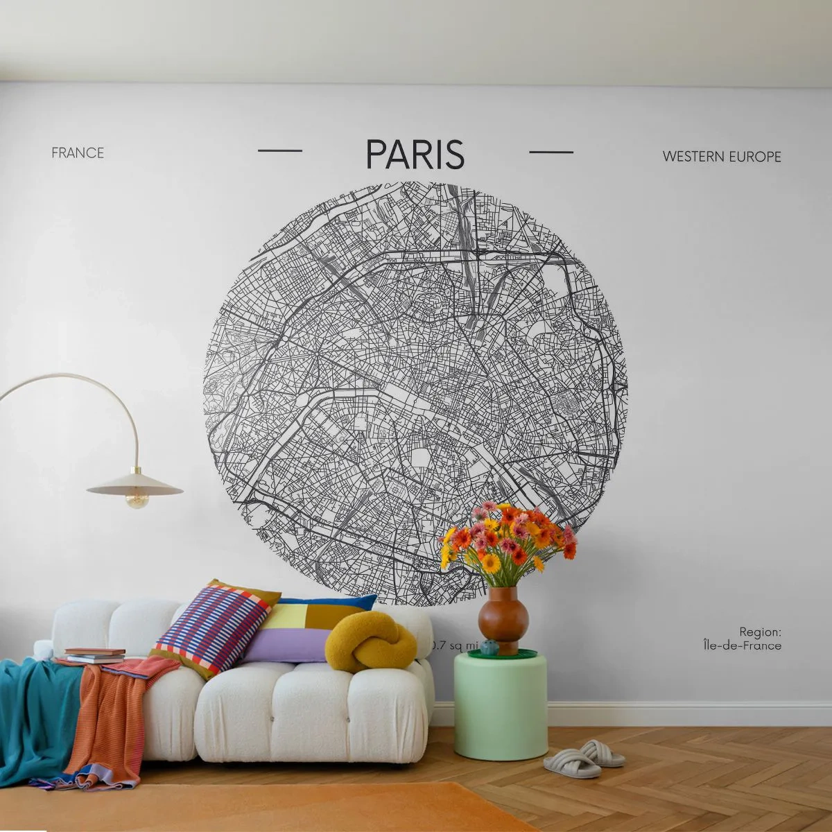 Papier Peint Photo Premium Sand - Une carte de Paris en forme de cercle sur fond blanc - 100x70cm - Anatomie de Paris - Décoration murale moderne pour le salon et la chambre ARTTOR