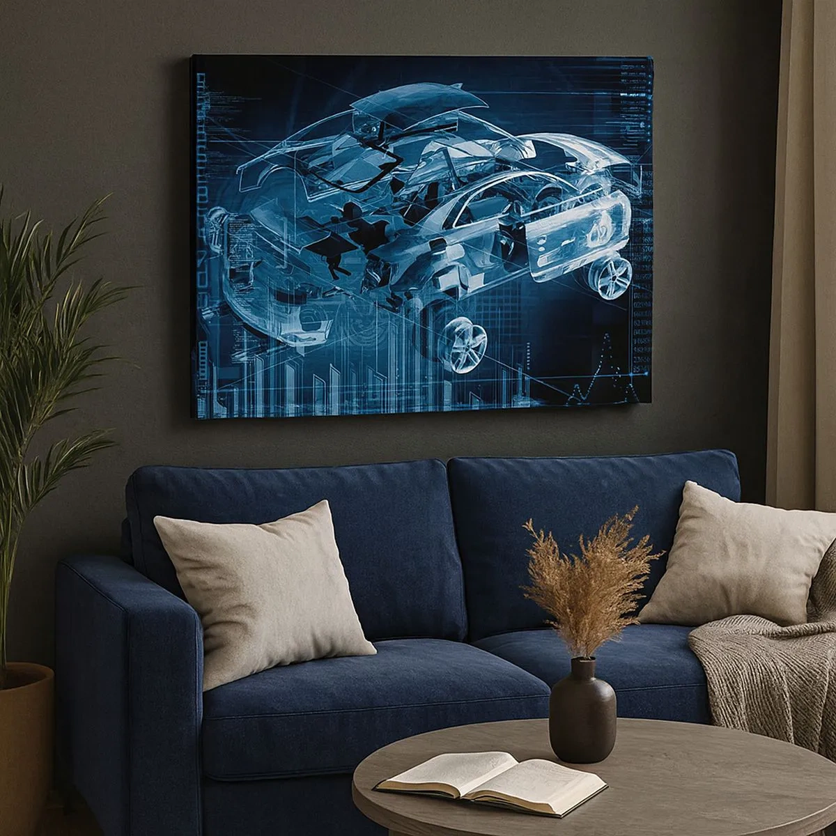 Impression sur toile - Image sur toile - Un dessin technique moderne d'une voiture avec des éléments structurels - 70x50cm - Anatomie de l'ingénierie - Décoration murale moderne pour le salon et la chambre ARTTOR