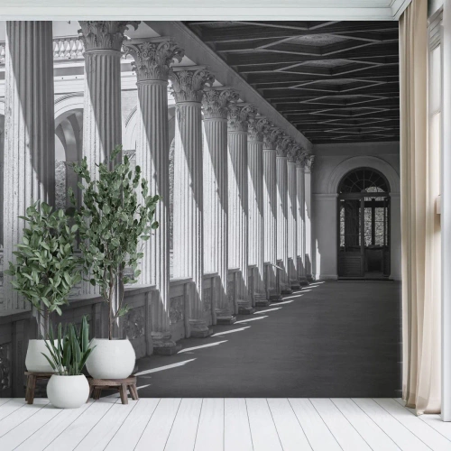 Papier Peint Photo Premium Canvas - Colonnade de style classique en noir et blanc - 100x70cm - Arcade ensoleillée - Décoration murale moderne pour le salon et la chambre ARTTOR
