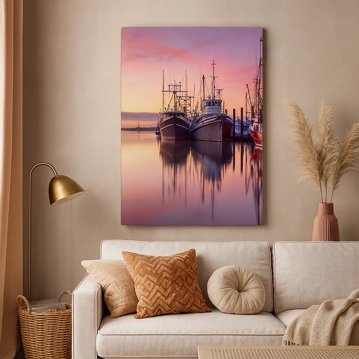Impression sur toile - Image sur toile - Bateaux de pêche dans le port au coucher du soleil - 50x70cm - Avant le jour suivant - Décoration murale moderne pour le salon et la chambre ARTTOR