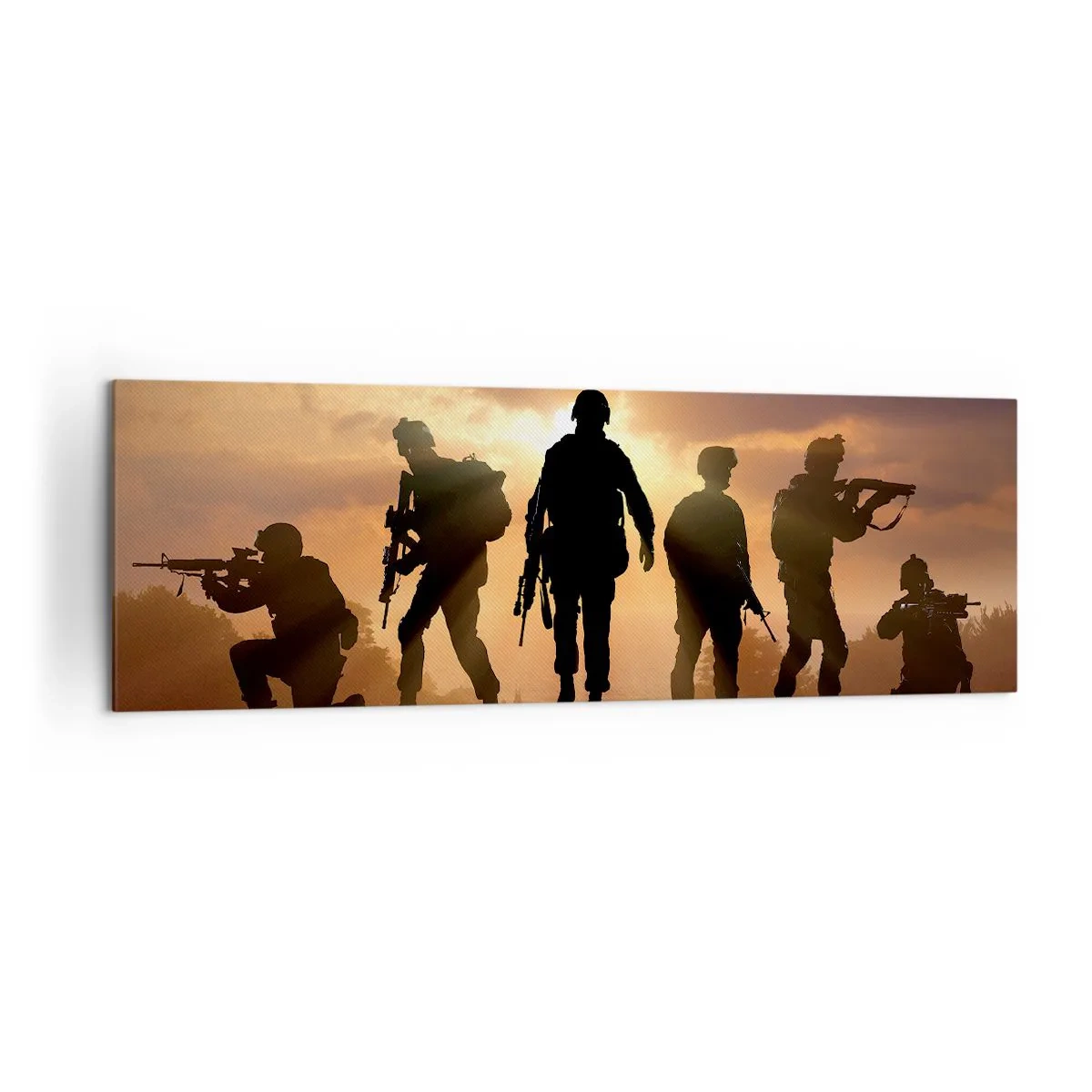 Impression sur toile - Image sur toile - Soldats sur fond de soleil couchant dans un décor dynamique - 160x50cm - Brothers in arms - Décoration murale moderne pour le salon et la chambre ARTTOR