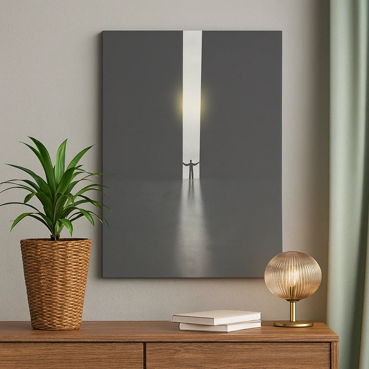 Impression sur toile - Image sur toile - Un homme debout dans la lumière d'une fente étroite dans un espace sombre - 50x70cm - Étape vers un avenir radieux - Décoration murale moderne pour le salon et la chambre ARTTOR