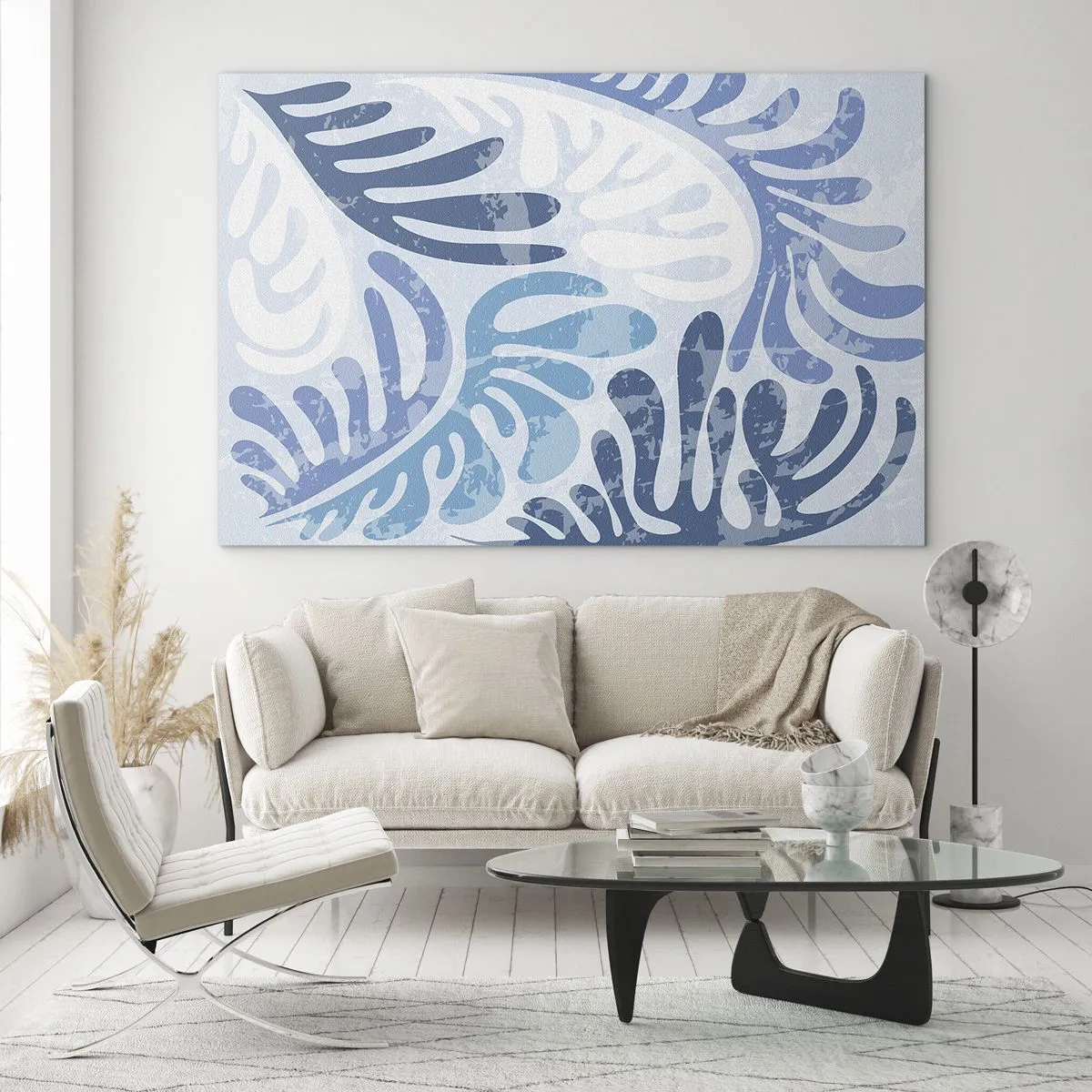 Impression sur verre - Image sur verre - Feuilles de fougère décoratives dans des tons bleus sur fond clair - 100x70cm - Fougères bleues - Décoration murale moderne pour le salon et la chambre ARTTOR