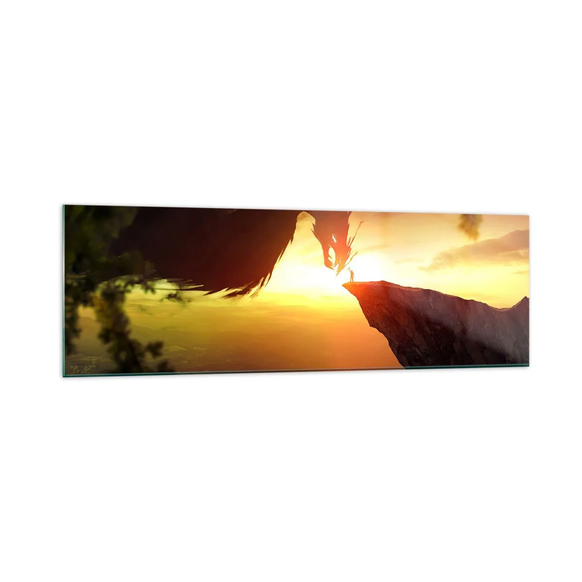 Impression sur verre - Image sur verre - Un dragon et un homme sur un rocher dans la lueur du soleil couchant - 160x50cm - Chasseur de dragon - Décoration murale moderne pour le salon et la chambre ARTTOR
