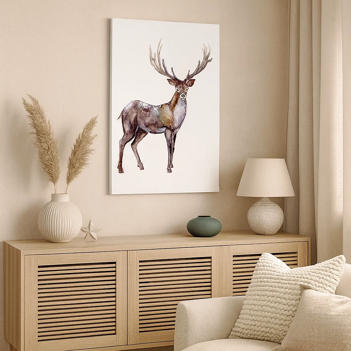 Impression sur toile - Image sur toile - Illustration à l'aquarelle d'un cerf aux bois majestueux - 50x70cm - Roi de la forêt du nord - Décoration murale moderne pour le salon et la chambre ARTTOR
