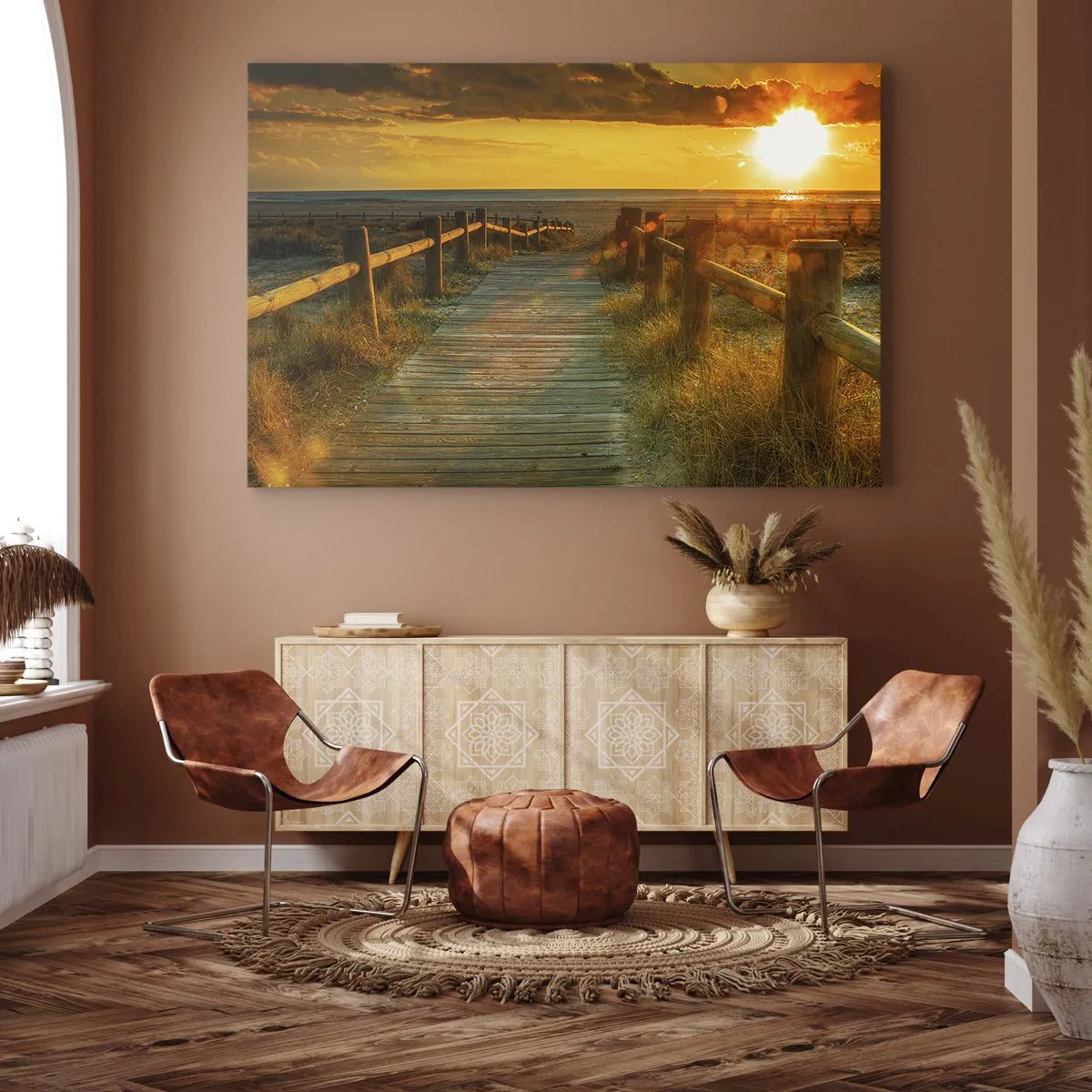 Impression sur toile - Image sur toile - Un chemin en bois menant à la plage à la lueur du soleil couchant - 70x50cm - Baigné dans le vieil or - Décoration murale moderne pour le salon et la chambre ARTTOR