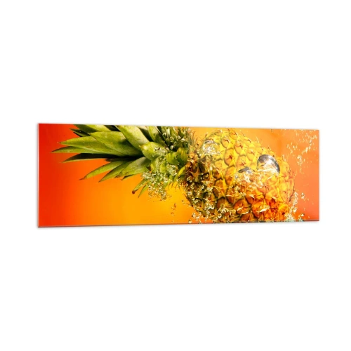 Impression sur verre - Image sur verre - Un ananas immergé dans l'eau sur un fond dégradé orange. - 160x50cm - Fraîcheur juteuse tropicale - Décoration murale moderne pour le salon et la chambre ARTTOR