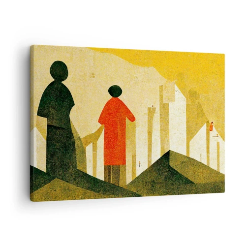 Impression sur toile - Image sur toile - Silhouettes géométriques en rouge et vert sur fond jaune - 70x50cm - La route est encore longue - Décoration murale moderne pour le salon et la chambre ARTTOR