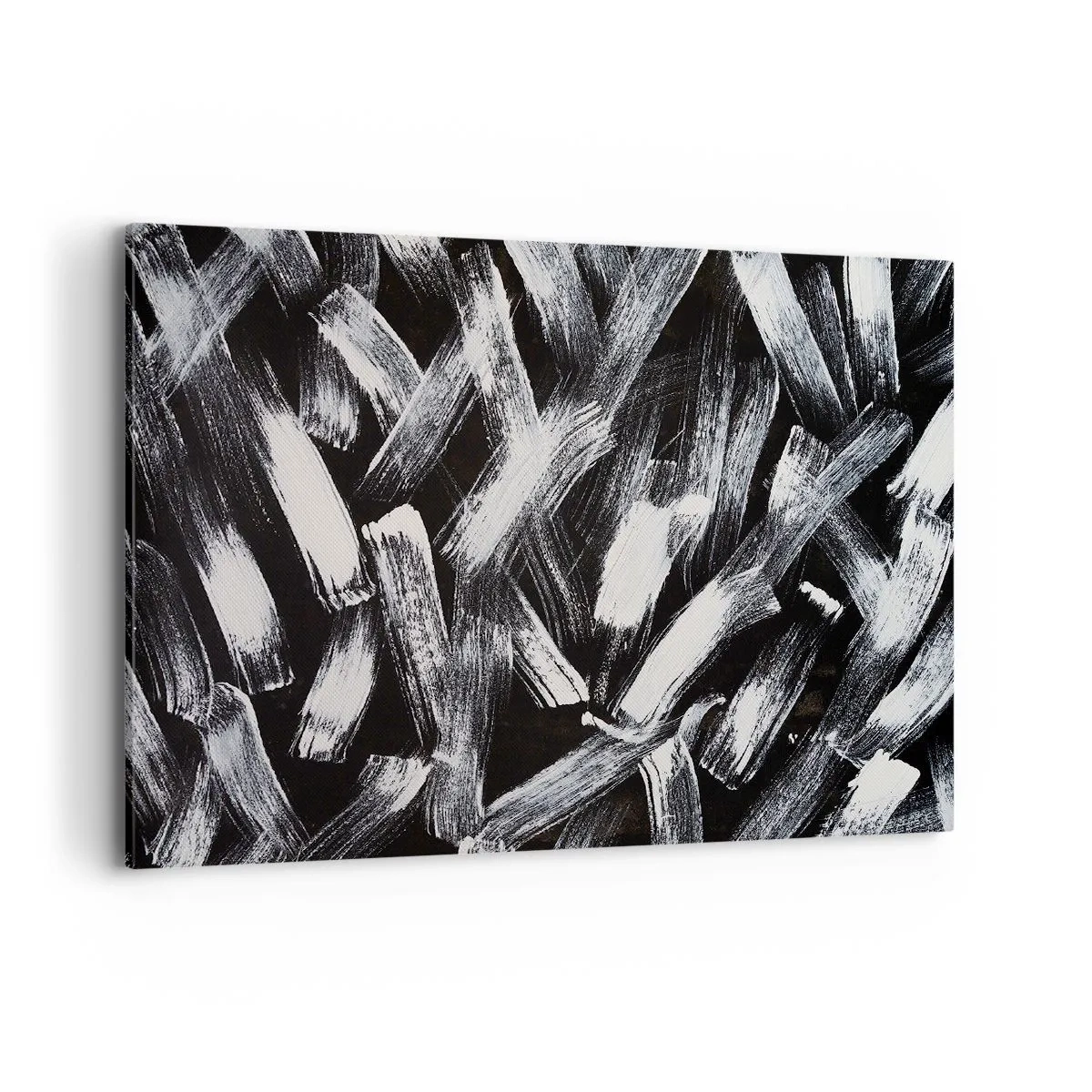 Impression sur toile - Image sur toile - Abstraction dynamique avec des coups de pinceau blancs sur fond noir. - 100x70cm - L'abstraction dans l'esprit industriel - Décoration murale moderne pour le salon et la chambre ARTTOR
